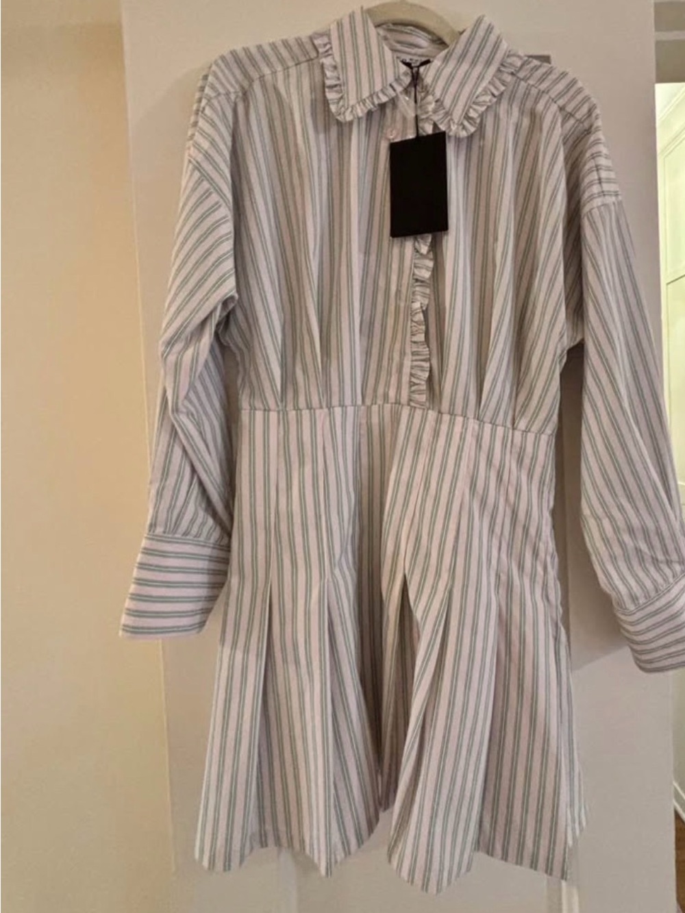 En Saison Striped Ruffle-Collar Mini Dress - White & Green